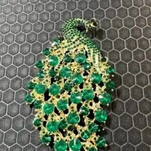 Peacock Brooch with Green and Gold Crystals